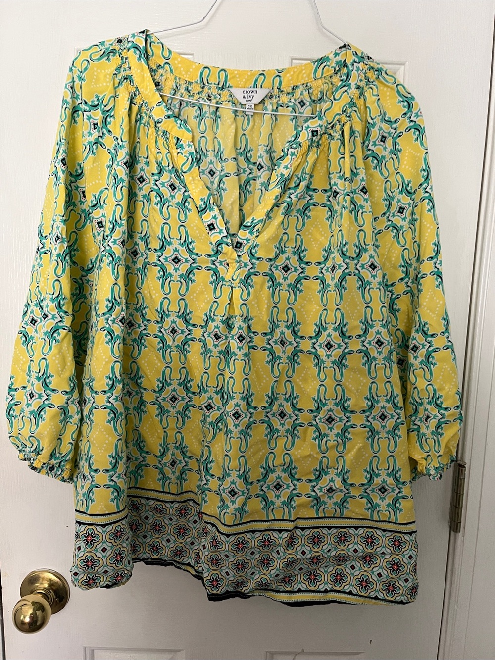 crown & ivy Yellow and Teal Printed Split-Neck Tunic